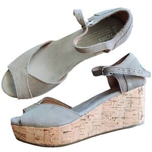 TOMS Platform Wedge Sandals Taupe Suede